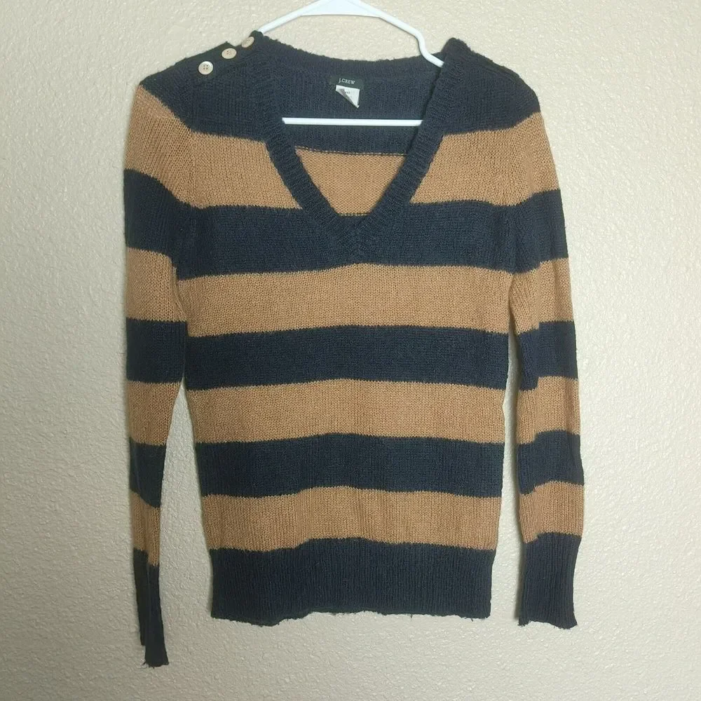 J Crew Size Large V Neck‎ Navy Blue Women's Merino Wool Sweater Long Sleeve
